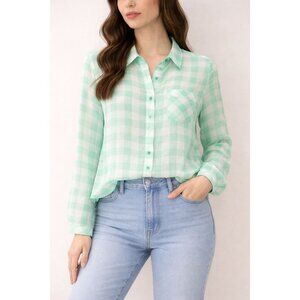 Free People Womens Button Front Top Blouse Sheer Plaid Sea Foam Green White XS